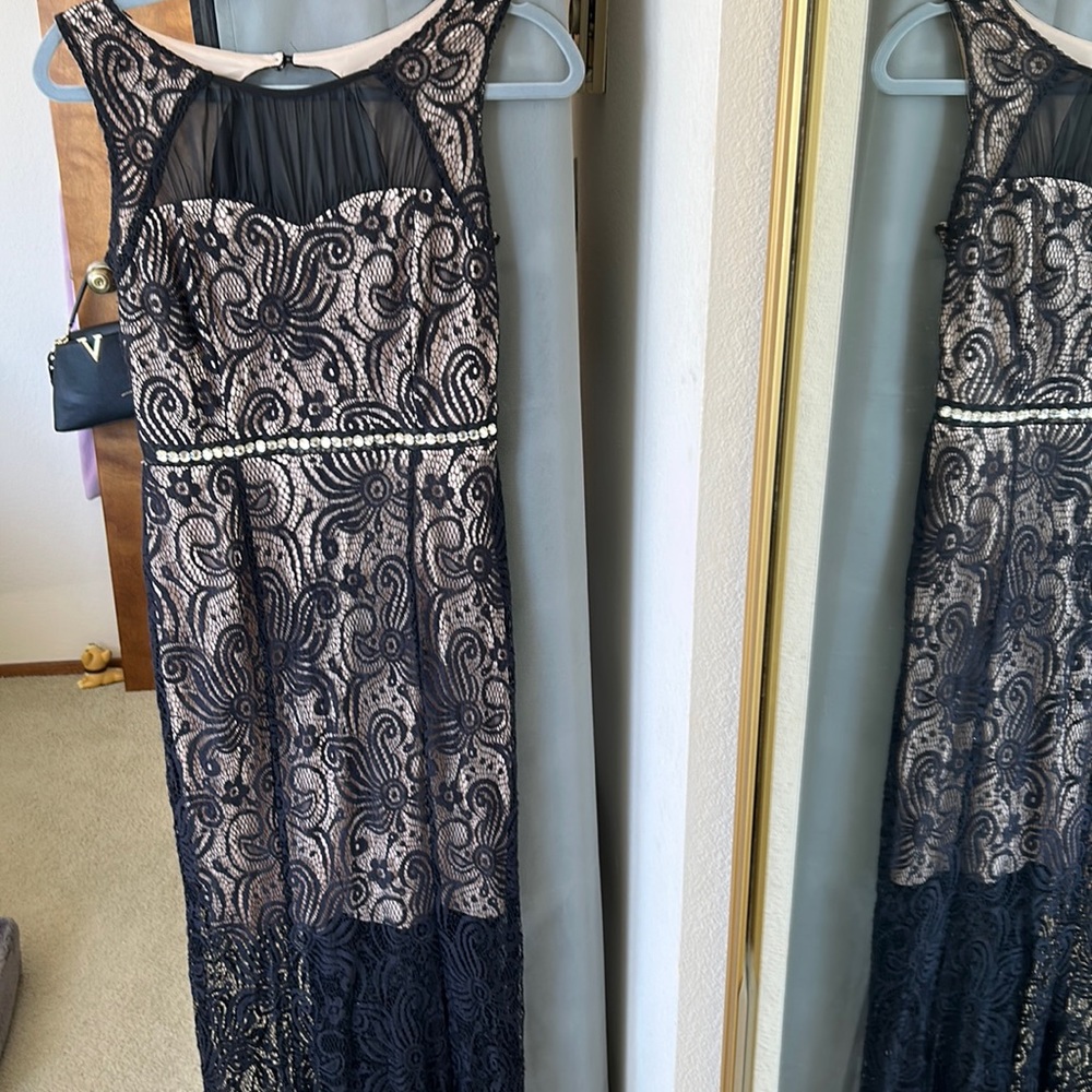 Black long lace dress, slip tan color attached shorter than dress